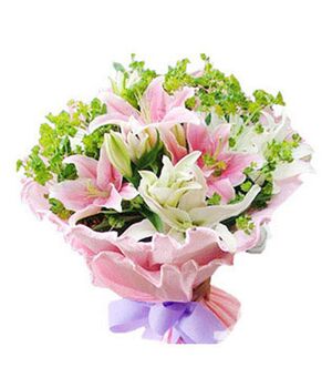 5 white lilies 4 pink lilies with green stuff send to vietnam