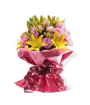 6 yellow lilies with 16 pink carnations send to vietnam