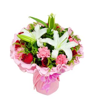 9 red roses, 9 pink carnations with white lilies to vietnam