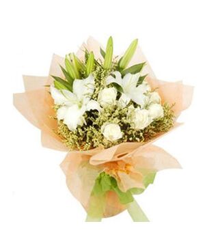 dozen white roses,2 white lilies with green leaves send to vietnam