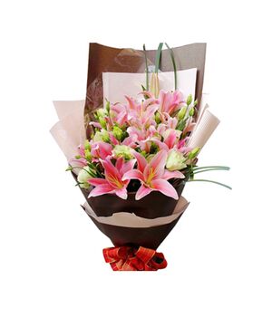 four stems pink lilies with lisianthus send to vietnam