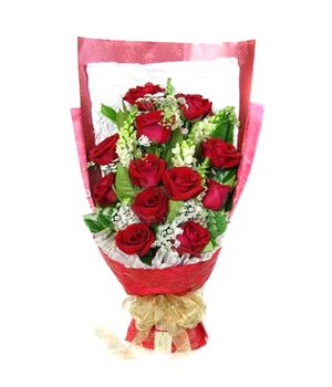 12 Red Roses with Seasonal Flower Bouquet