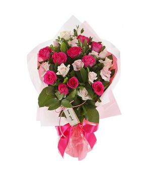 24 Pink and Red Roses in Bouquet