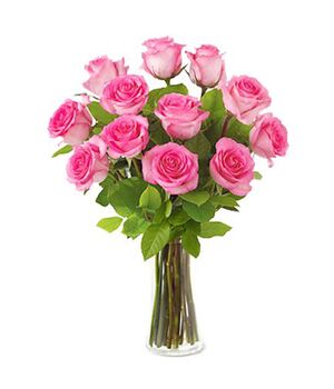 Dozen of Pink Roses in Glass Vase