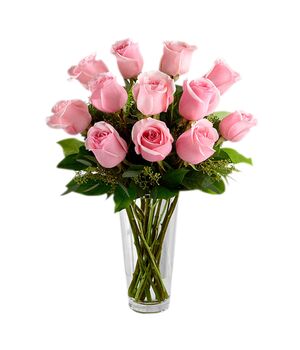 one dozen pink roses in glass vase to vietnam