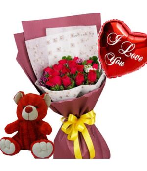 send 12 red roses bouquet,red bear with i love u balloon to vietnam