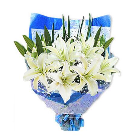 six white lilies with baby's breath send to vietnam